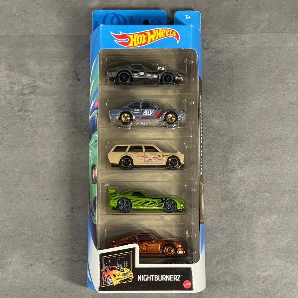 Hot Wheels 5-Pack Nightburnerz GTN47 Datsun Porsche Corvette Viper NEW